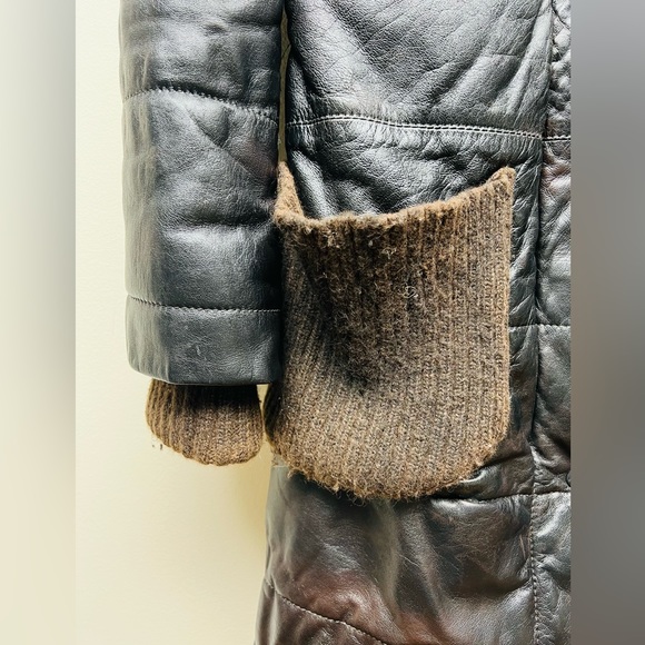 VINTAGE CHARLOTTE SOLNICKI LEATHER  COAT W/ Knit Elbow Patches And Pocket  XS - Picture 13 of 16